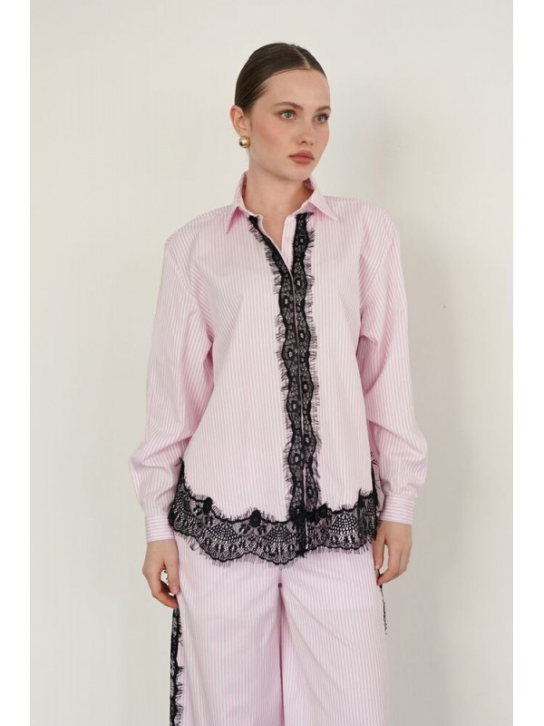 F 2082 DANTEL DETAYLI ÇİZGİLİ GÖMLEK - PEMBE